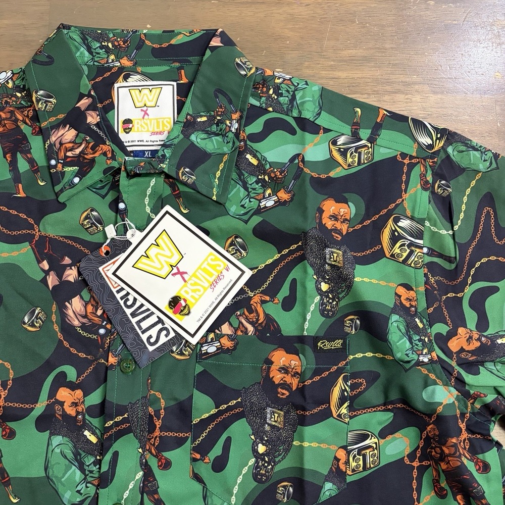 RSVLTS WWE Mr. T "Pity‎ The Fool " KUNUFLEX Green Camo Short Sleeve Shirt XL NEW